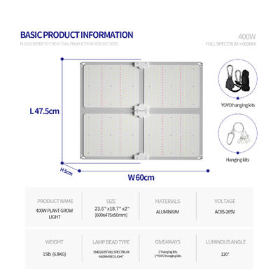 مصباح نمو LED كامل الطيف بقدرة 400 واط مع ارتفاع تعليق قابل للتعديل لنمو النباتات الداخلية